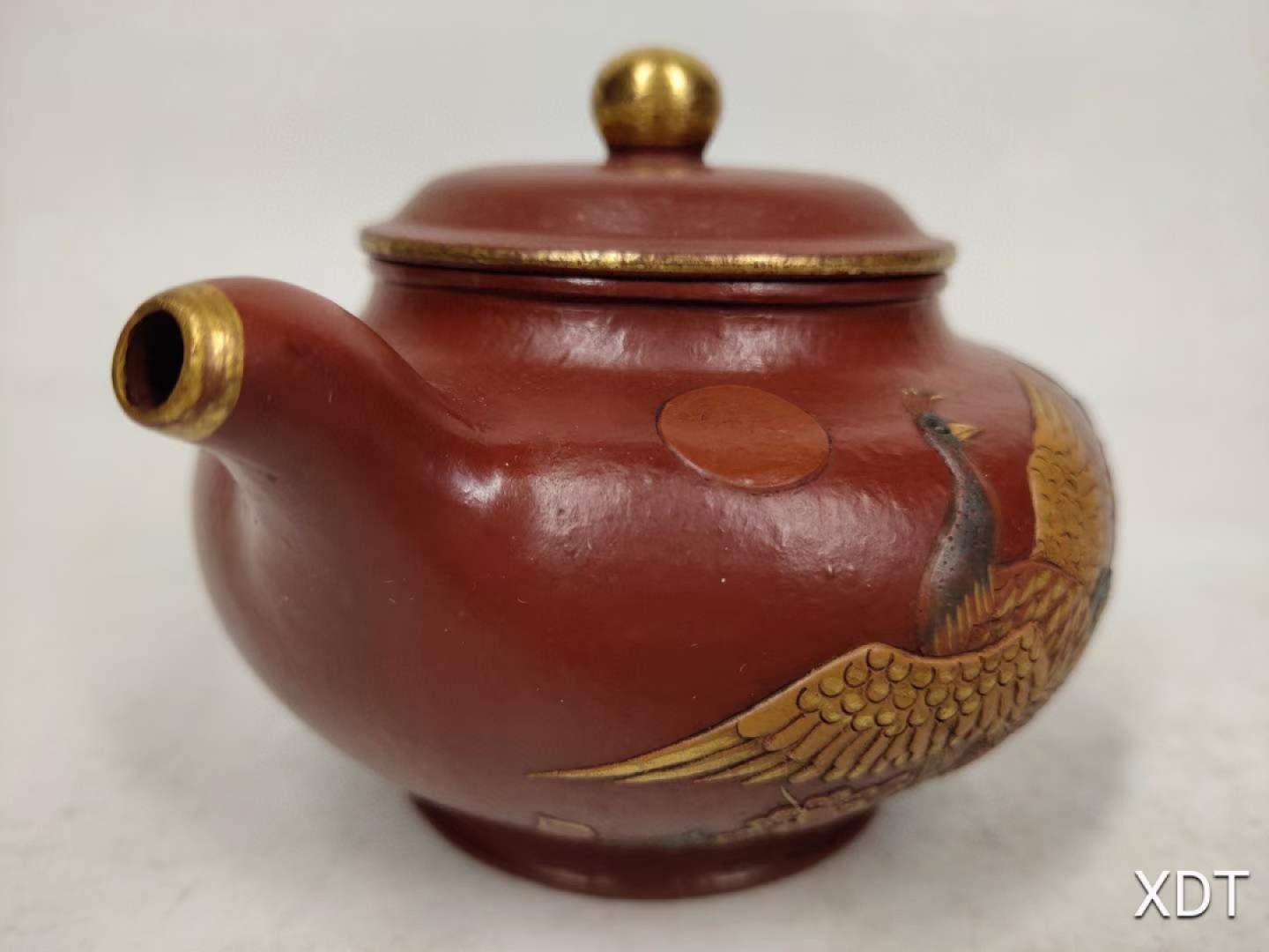 珍藏●名人手工胎泥绘花鸟图案描金紫砂壶九孔出水