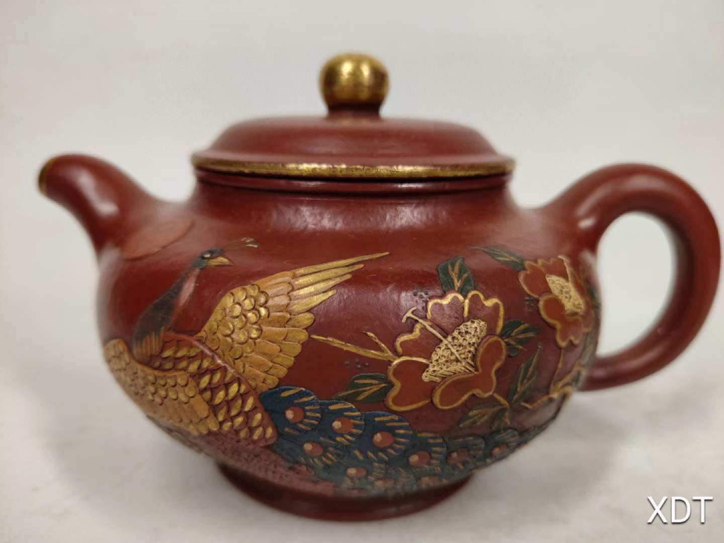 珍藏●名人手工胎泥绘花鸟图案描金紫砂壶九孔出水