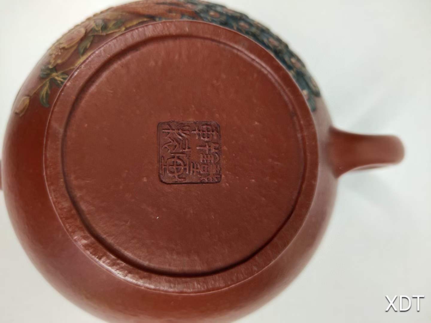 珍藏●名人手工胎泥绘花鸟图案描金紫砂壶九孔出水