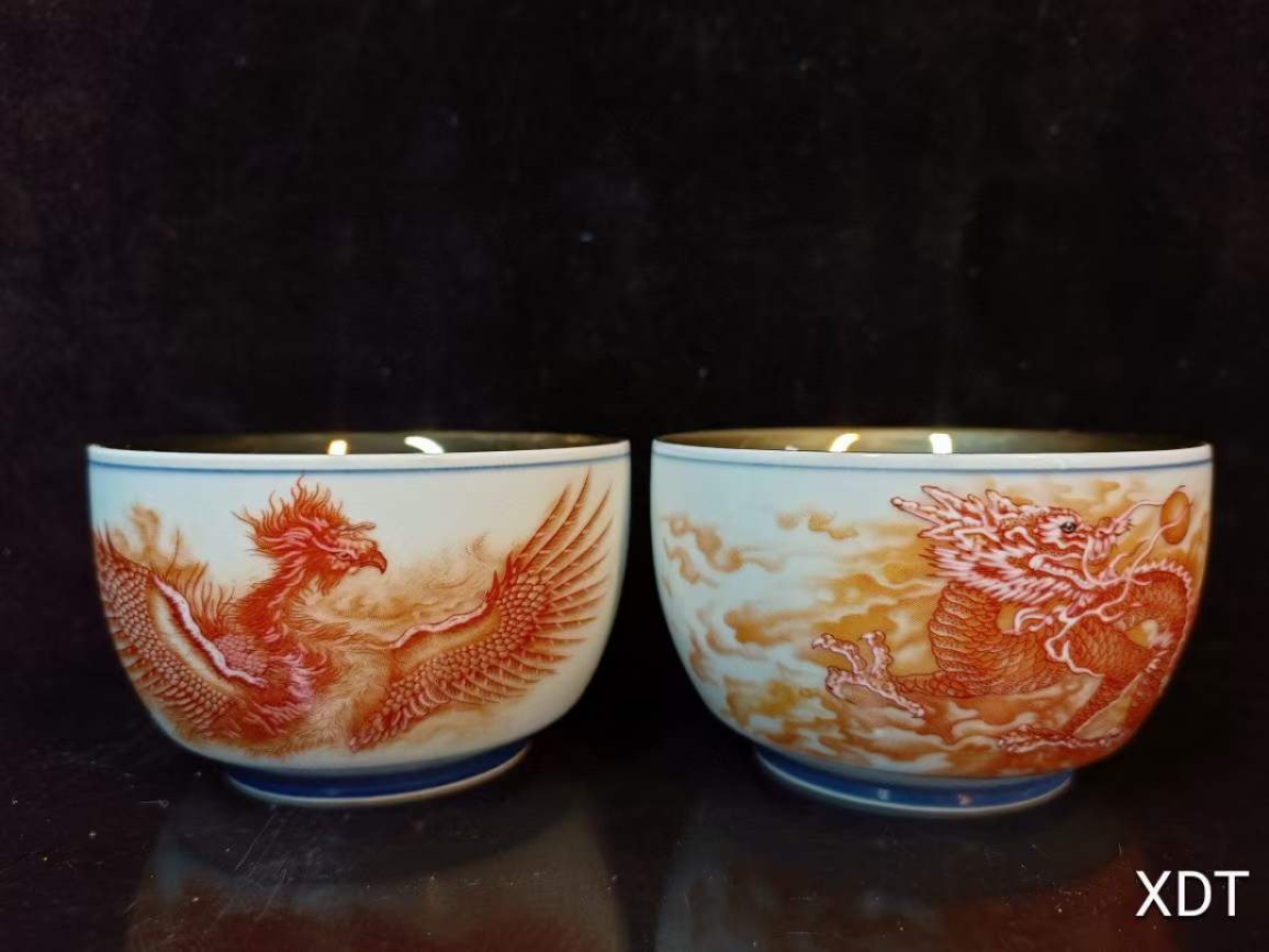 珍藏●手工绘画，珐琅彩鎏真金龙凤纹陶瓷盏，金丝细腻，描金图案，色彩显明，收藏佳品！（一对售价）