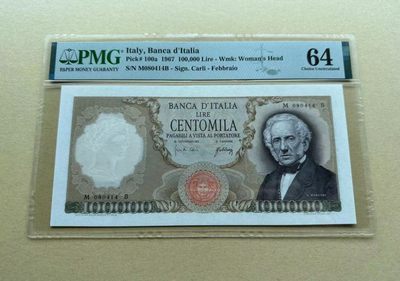 【Blue Auction】✨世界纸币精拍第311期——富埃戈火山 - 【初版】意大利 1967年10万里拉 PMG64 曼左尼 人物雕刻极致