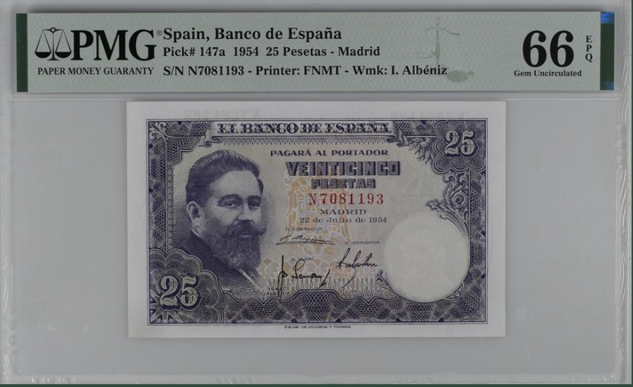 收藏联盟Quantum Auction 第249期拍卖  西班牙1954年28比塞塔 PMG66 世界文化遗产 阿尔罕布拉宫