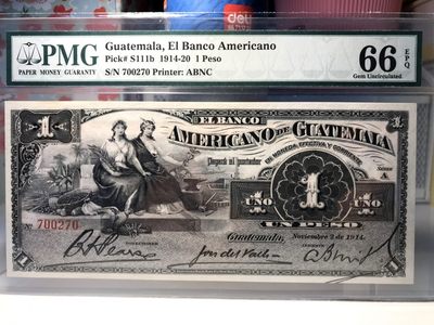 【Blue Auction】✨世界纸币精拍第311期——富埃戈火山 - 【冠军分仅2张 百年风云】危地马拉 1914-20年1比索 PMG66EPQ 实钞好品非常稀少 大票幅雕刻精美 美钞公司出品 背面著名的富埃戈火山 