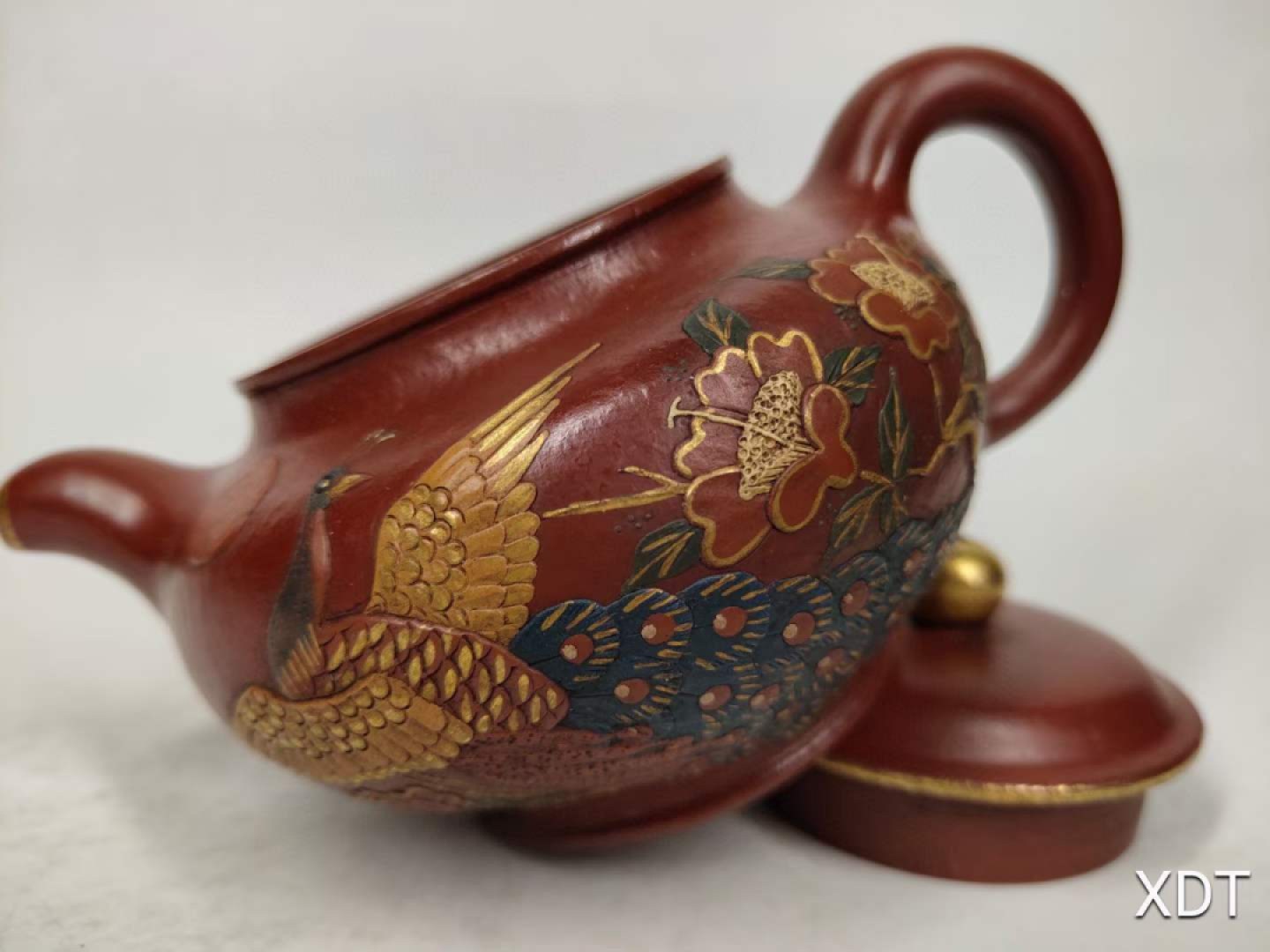 珍藏●名人手工胎泥绘花鸟图案描金紫砂壶九孔出水