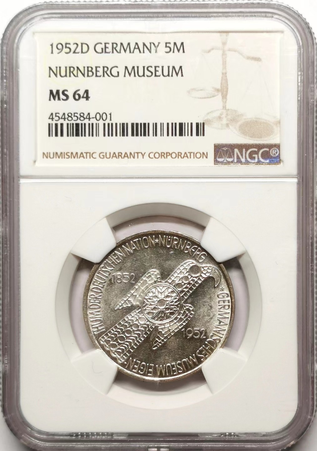 凡希社世界钱币微拍第二百三十五期 荐！1952联邦德国纽伦堡博物馆5马克纪念银币NGC-MS64