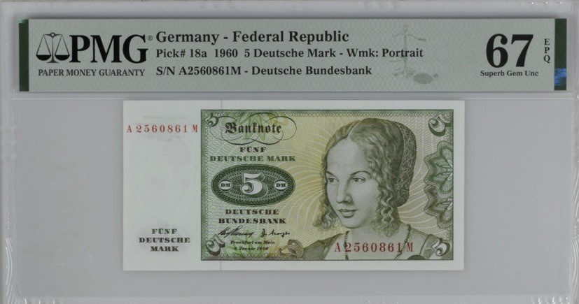 收藏联盟Quantum Auction 第249期拍卖  德国1960年5马克 PMG67 初版年份 丢勒画作《年轻的威尼斯女子》