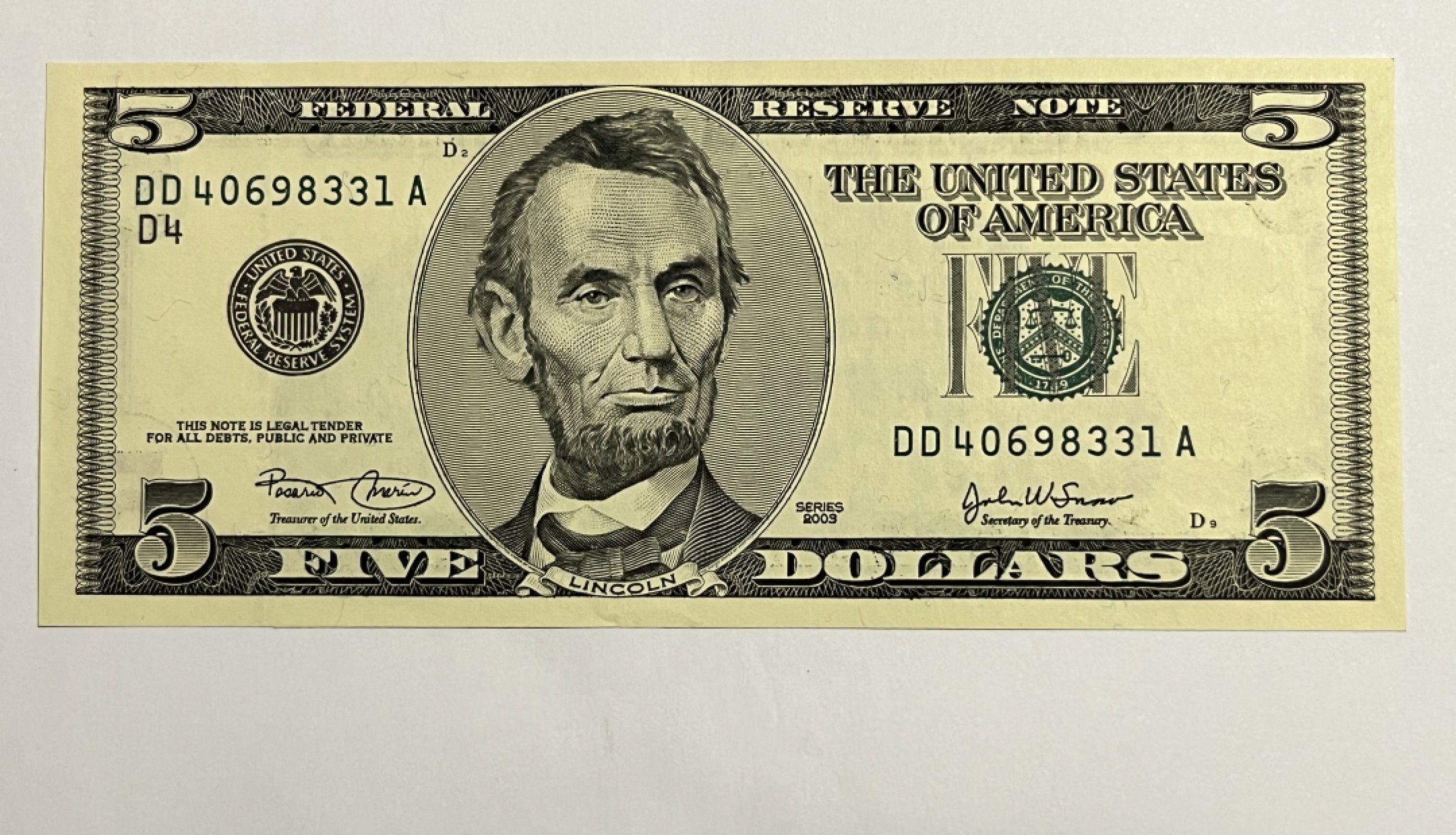 Chase Auction 第21期 - - 外钞、民国钞和人民币混合场！ 2003版 大头5美元 （华盛顿印钞厂印制 w）全新UNC（天然捆印）