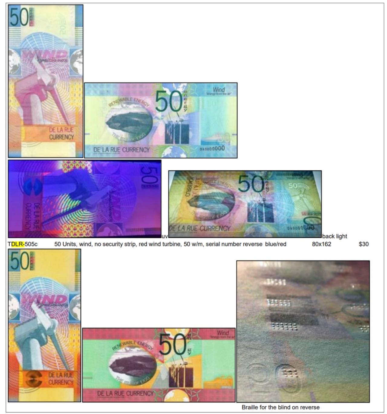 2026第7场（总第234期）：精品外钞、塑料钞、测试钞综合场  版三/德纳罗2008年“能源系列～风能”50面额纸质测试钞票样UNC（12芒星图标版）