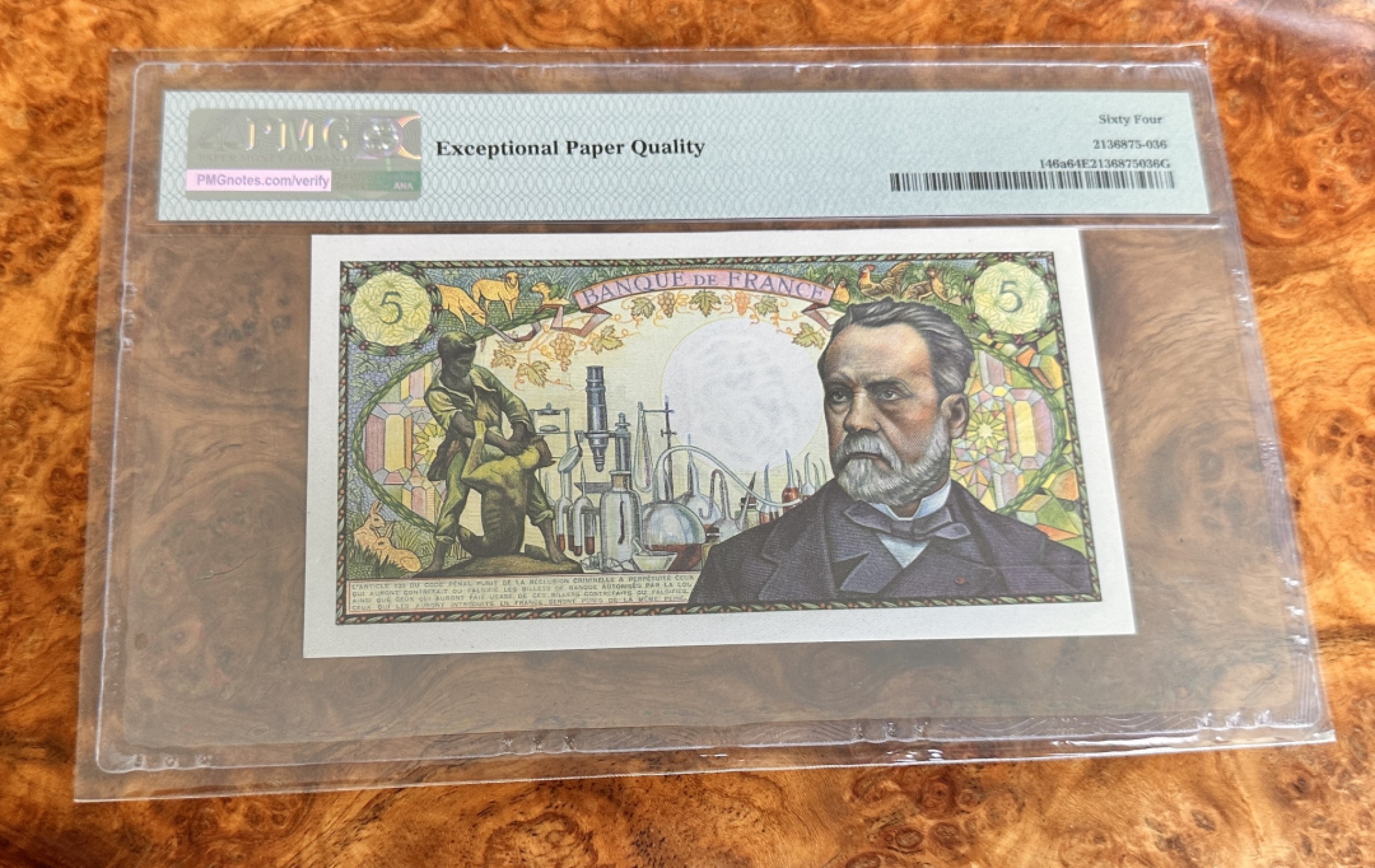 Chase Auction 第21期 - - 外钞、民国钞和人民币混合场！ 1966年法国5法郎，巴斯德，PMG64e！