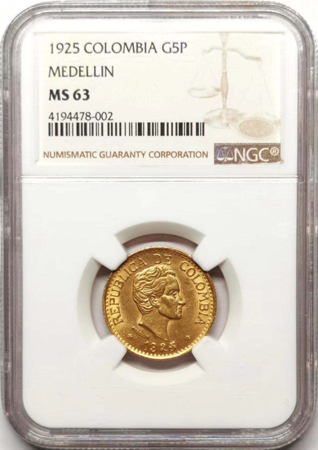 凡希社世界钱币微拍第二百三十五期 1925哥伦比亚5P金币NGC-MS63