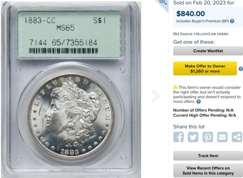 博洋堂世界钱币拍卖第022期（全场包邮） PCGS MS65 美国1883年CC厂摩根大银币 稀少卡森厂 丝滑底板 完美状态 2月份ha同分刚刚成交840美金不含邮费 