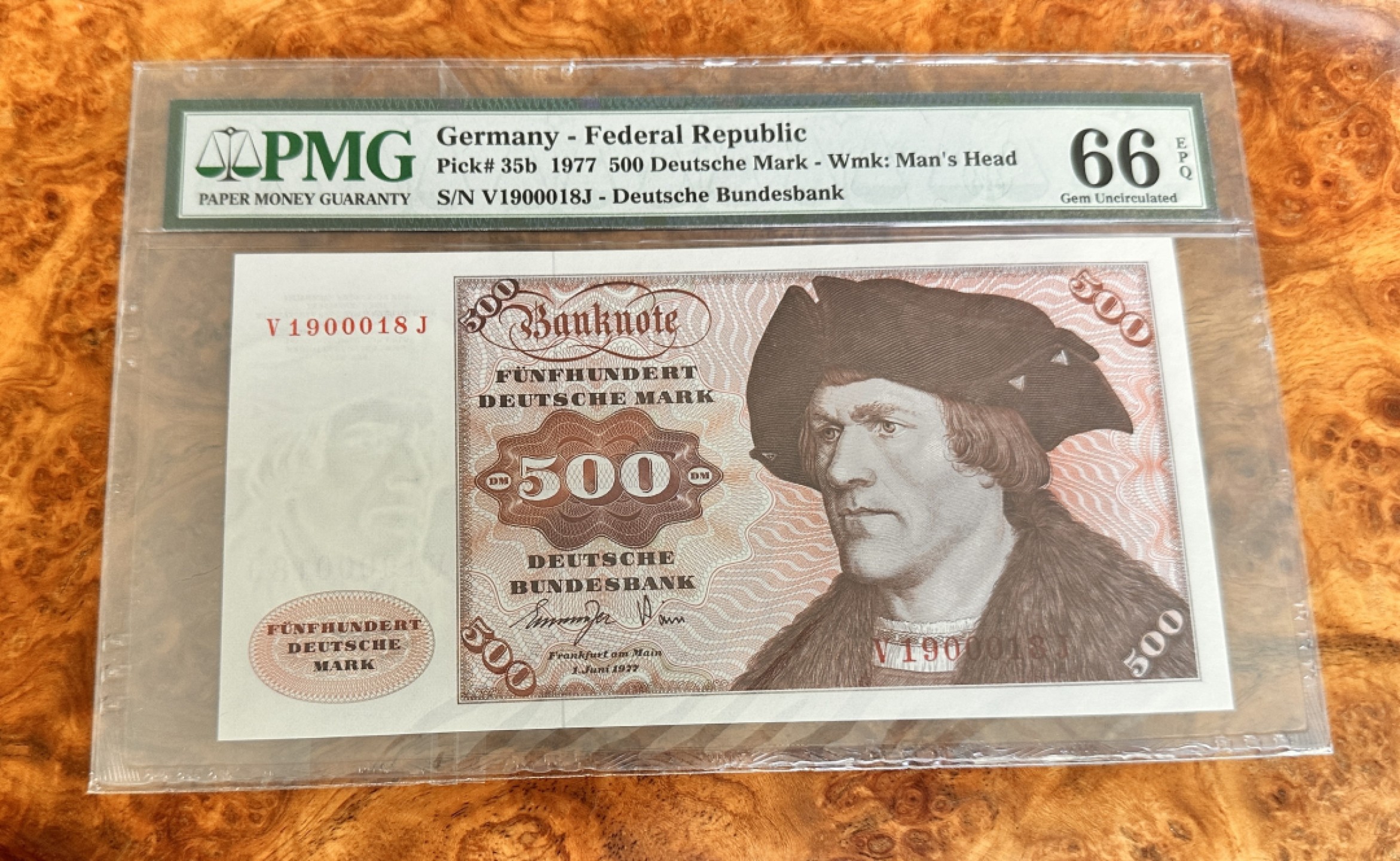 Chase Auction 第21期 - - 外钞、民国钞和人民币混合场！ 1977年德国500马克，PMG66，倒置号！