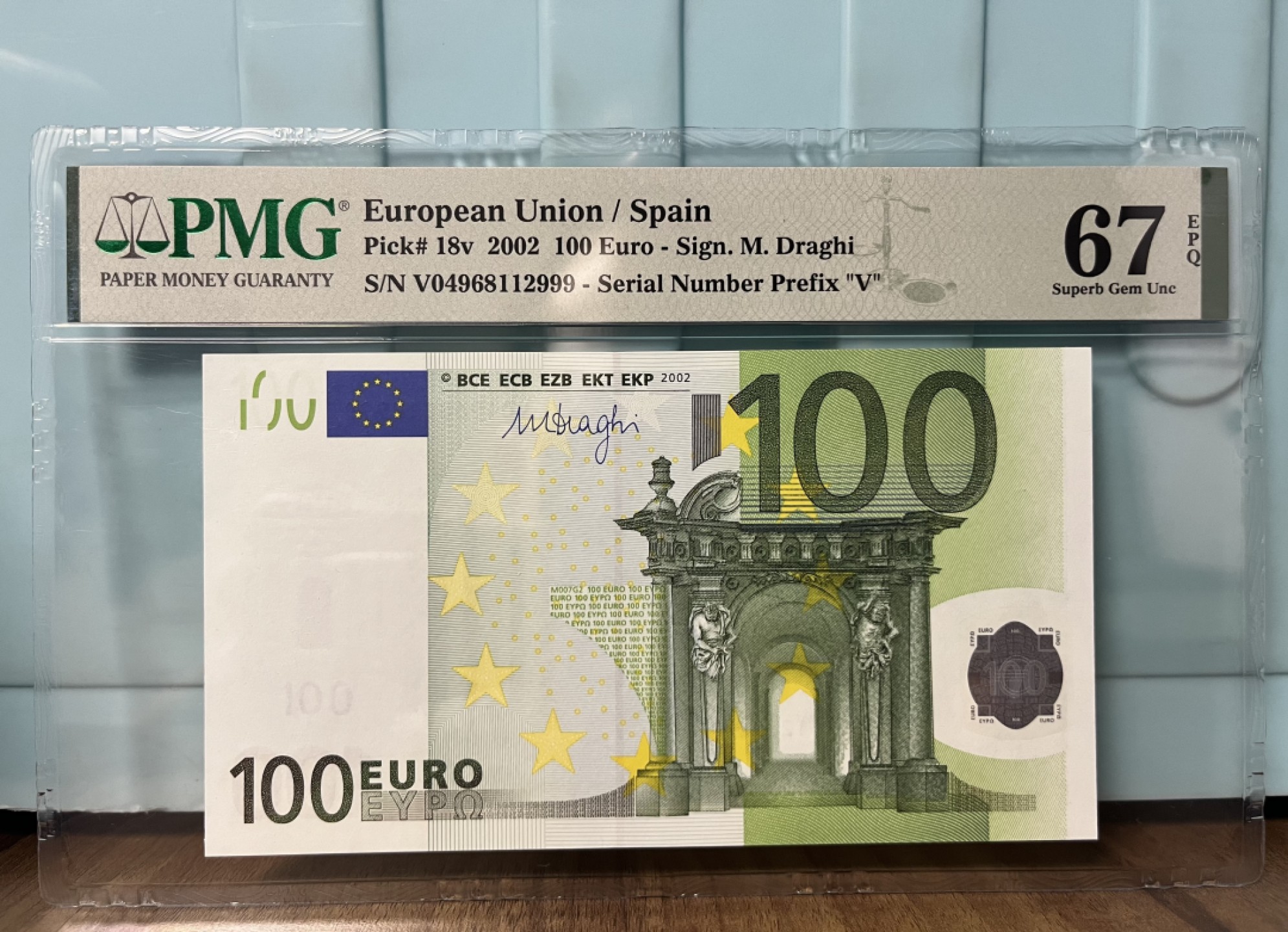 Chase Auction 第21期 - - 外钞、民国钞和人民币混合场！ 2002版 三签 100欧元 PMG67EPQ高分 豹子尾号999 西班牙版 稀少国家 