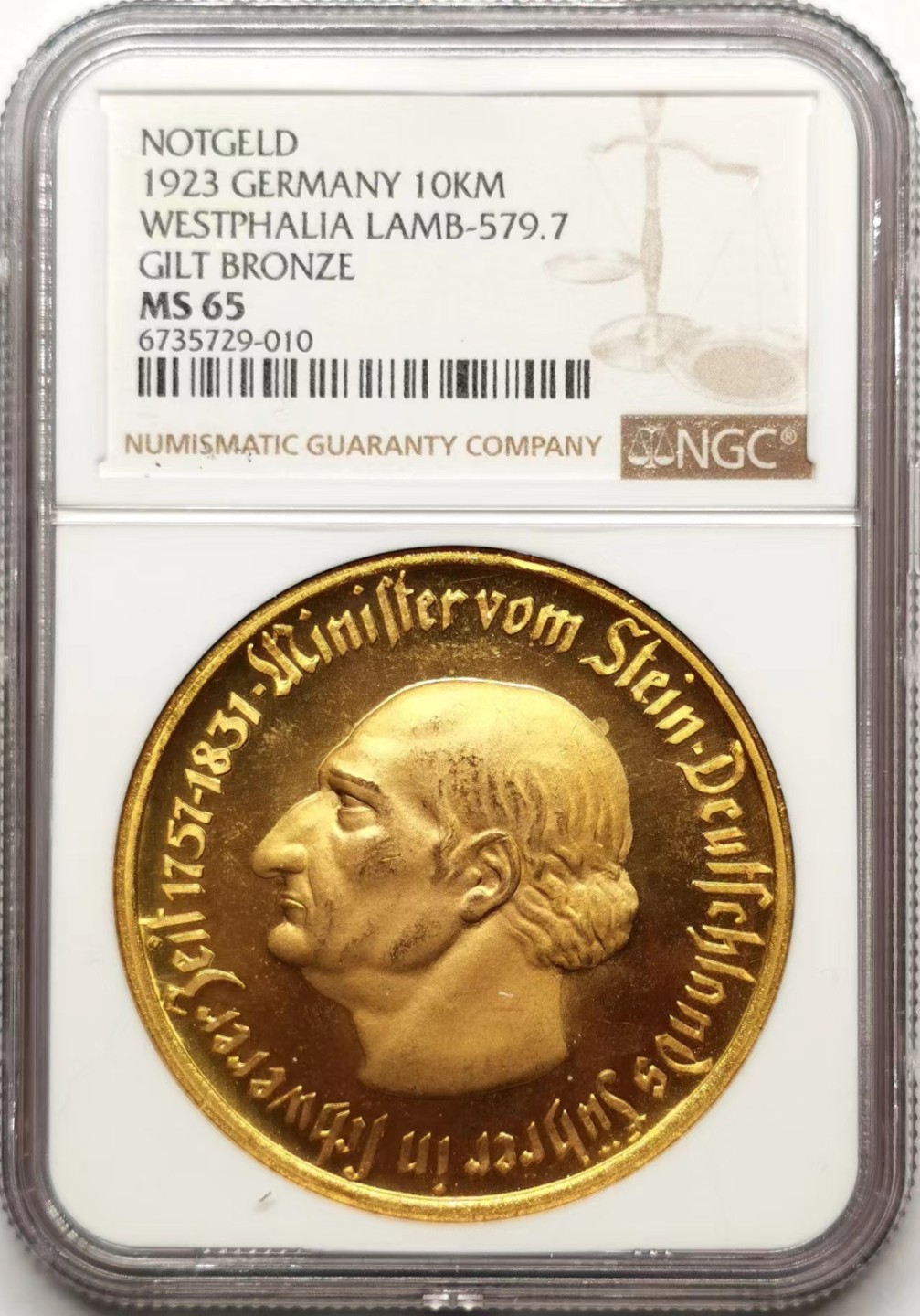 凡希社世界钱币微拍第二百三十五期 1923德紧威斯特伐利亚10000马克镀金币NGC-MS65镀层完美！
