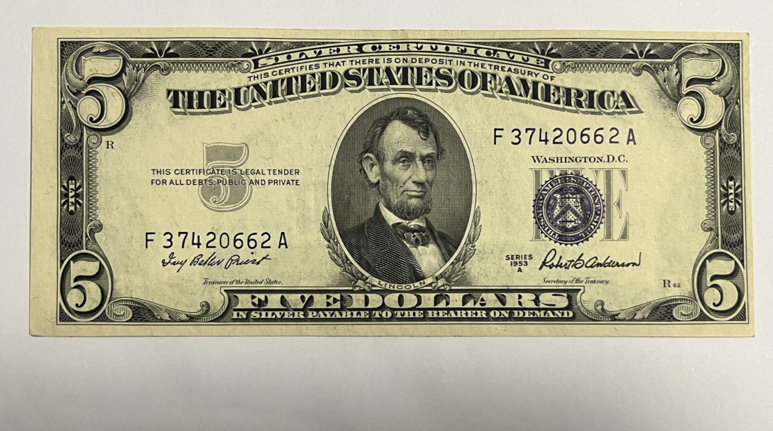 Chase Auction 第21期 - - 外钞、民国钞和人民币混合场！ 1953A版 5美元 银币券 F区首发A冠 全新UNC