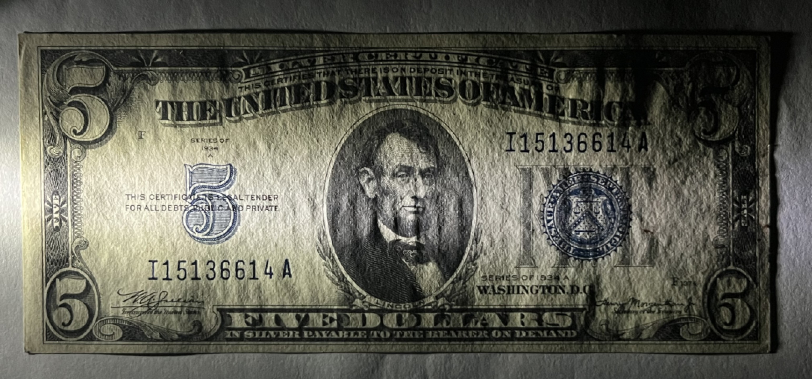 Chase Auction 第21期 - - 外钞、民国钞和人民币混合场！ 1934A版 5美元 银币券 I区首发A冠