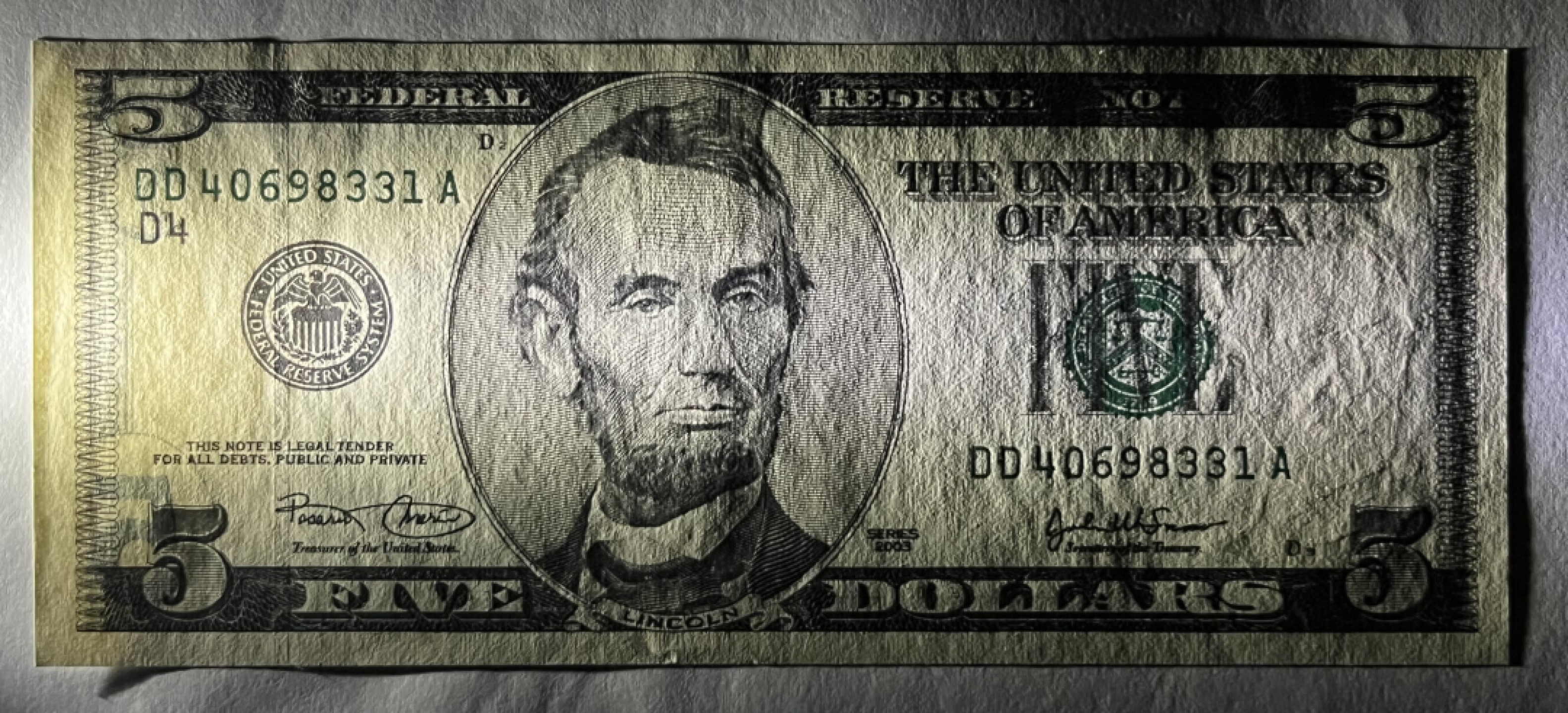 Chase Auction 第21期 - - 外钞、民国钞和人民币混合场！ 2003版 大头5美元 （华盛顿印钞厂印制 w）全新UNC（天然捆印）