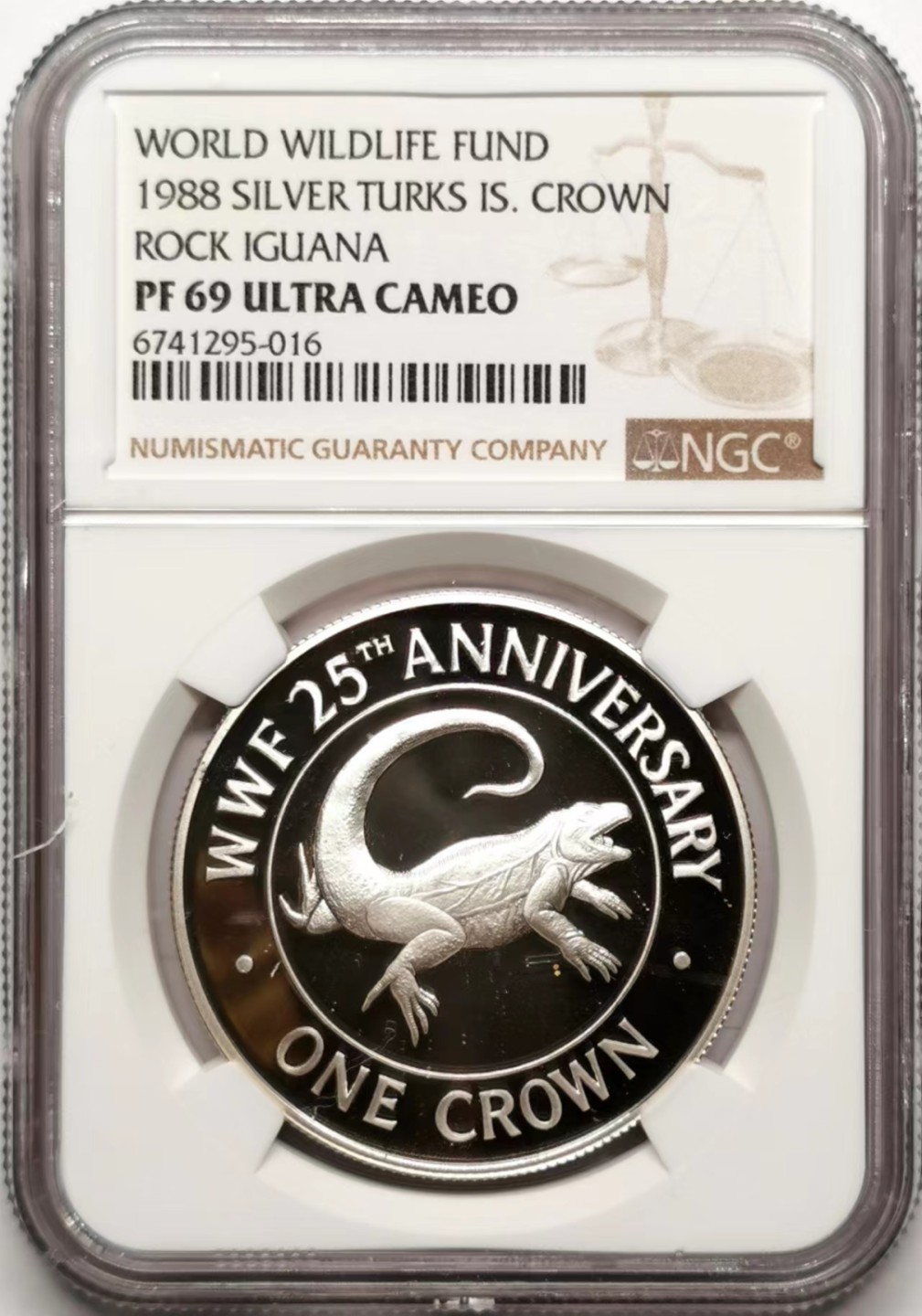 凡希社世界钱币微拍第二百三十五期 1988特克斯群岛蜥蜴克朗精铸大银NGC-PF69UC