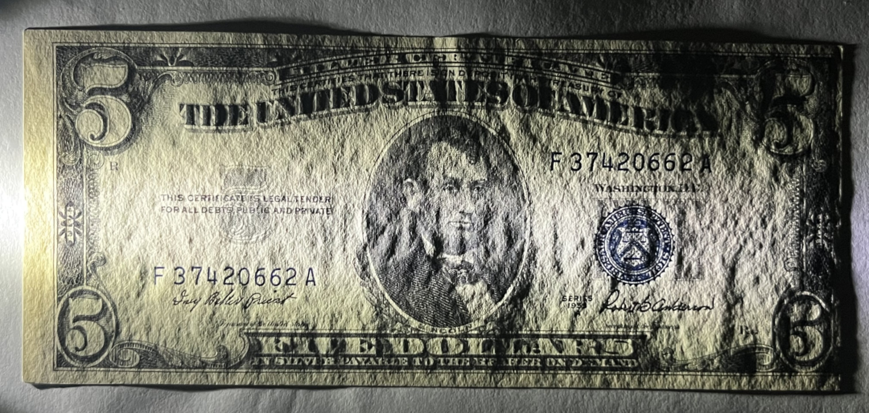 Chase Auction 第21期 - - 外钞、民国钞和人民币混合场！ 1953A版 5美元 银币券 F区首发A冠 全新UNC