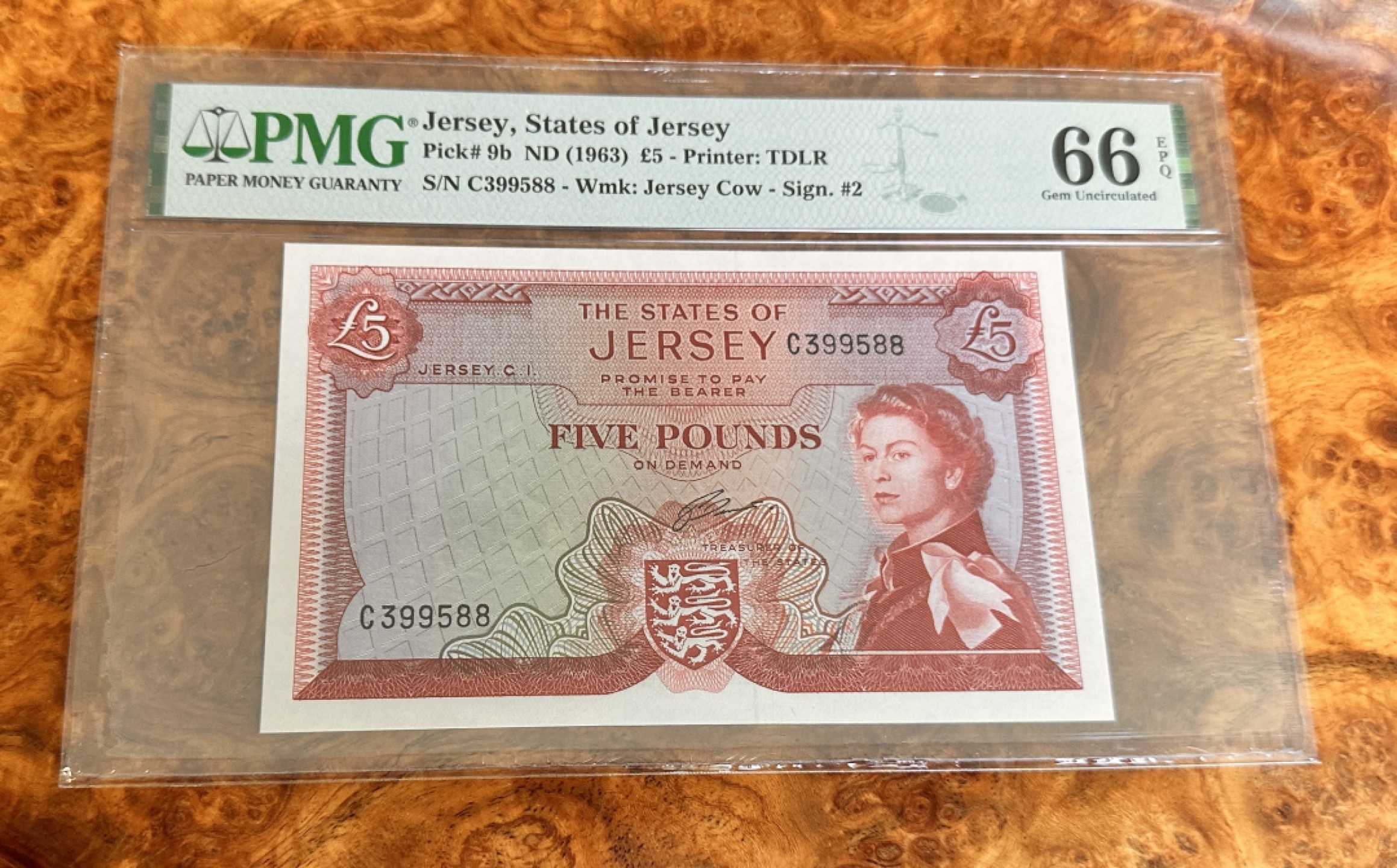 Chase Auction 第21期 - - 外钞、民国钞和人民币混合场！ 1963年泽西5镑，PMG66！