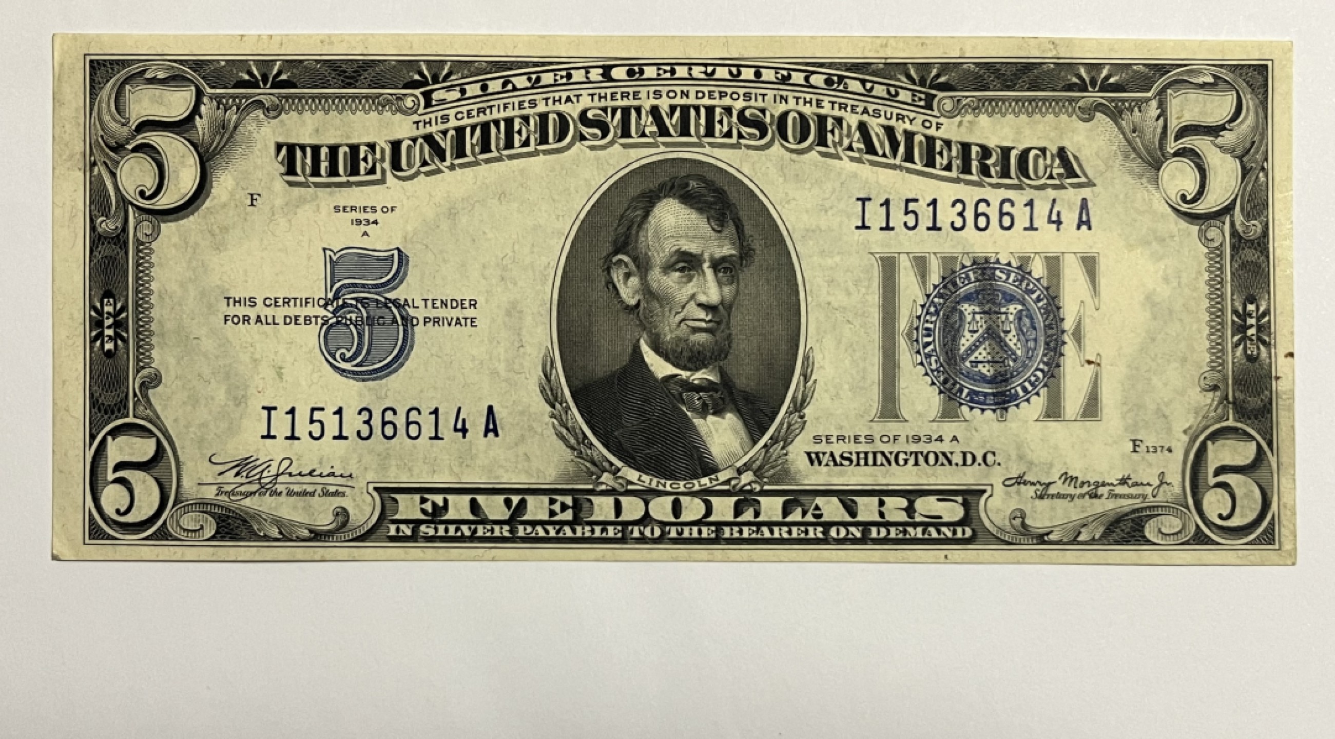 Chase Auction 第21期 - - 外钞、民国钞和人民币混合场！ 1934A版 5美元 银币券 I区首发A冠