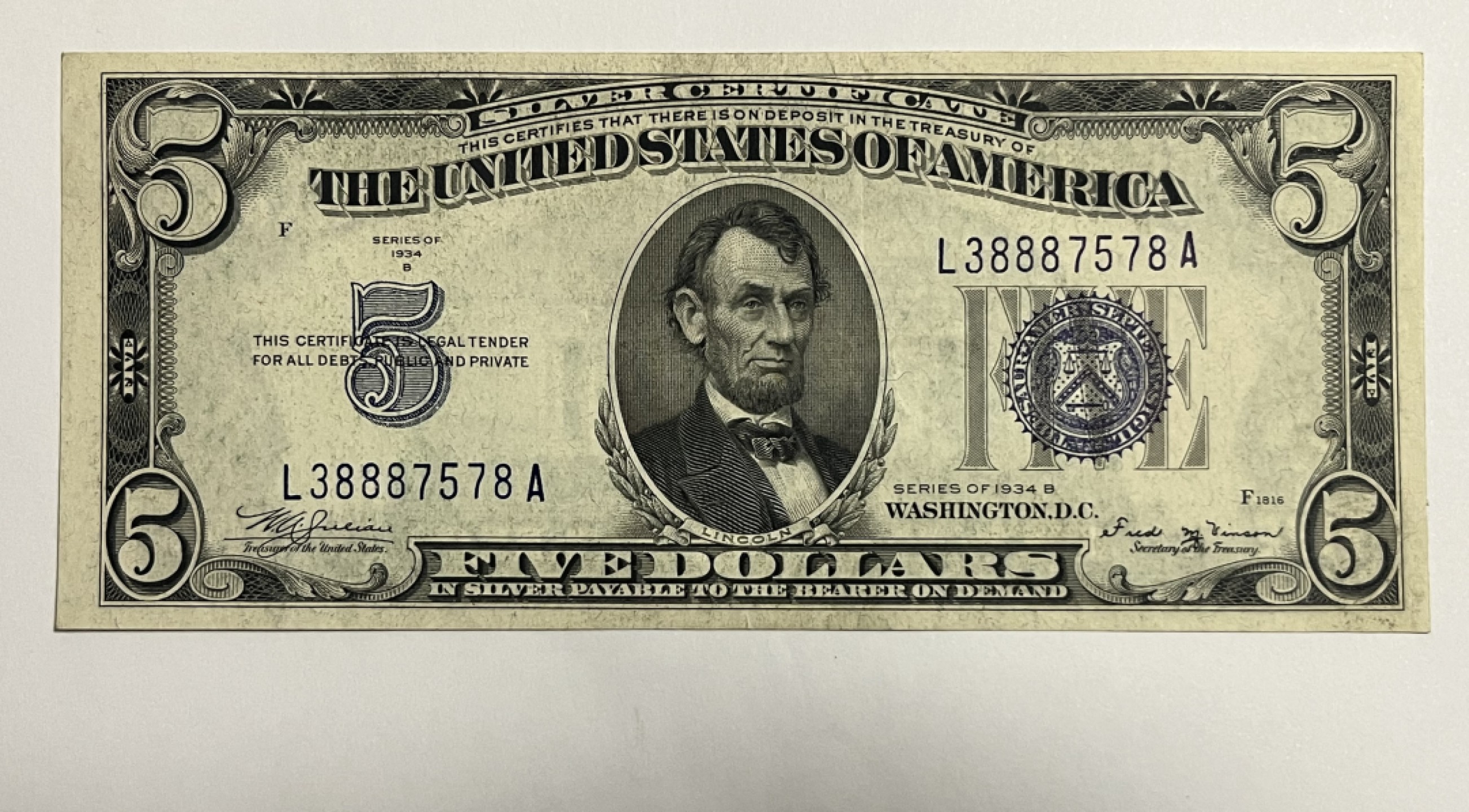 Chase Auction 第21期 - - 外钞、民国钞和人民币混合场！ 1934B版 5美元 银币券 L区首发A冠 号码无4多8