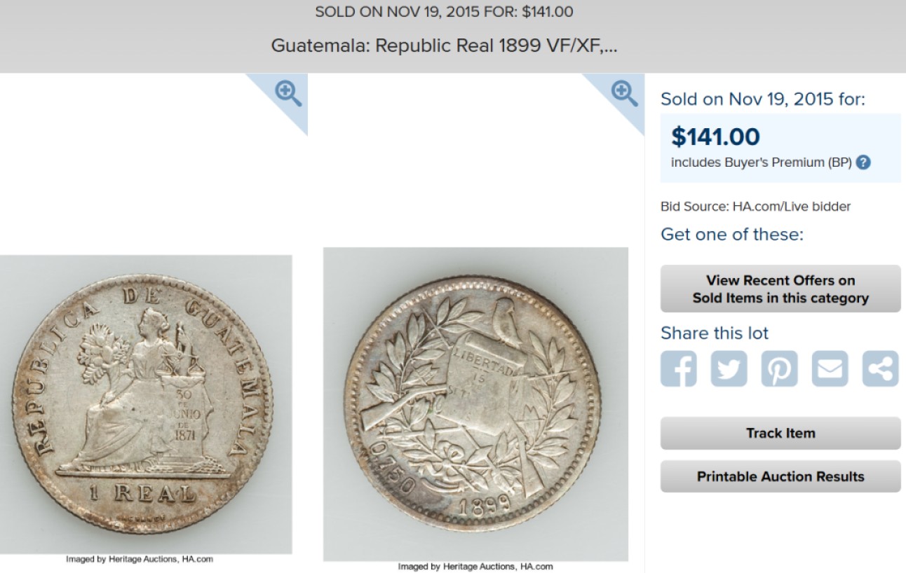 博洋堂世界钱币拍卖第022期（全场包邮） PCGS MS65 危地马拉1899年1Real银币 PCGS第二名