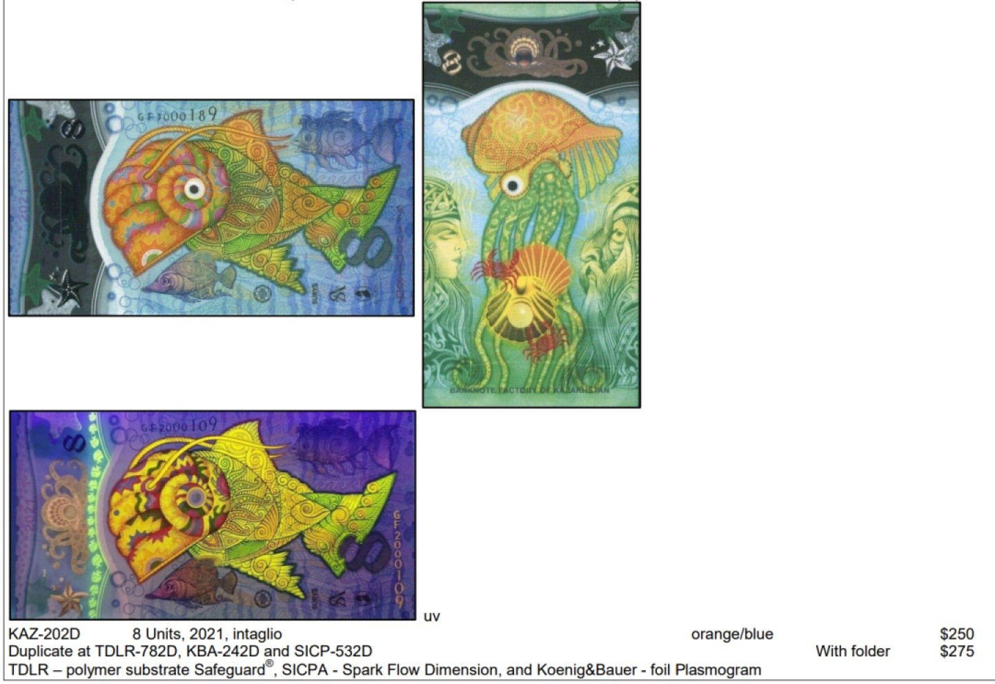 2026第2场（总第229期）：精品测试钞、连体钞综合场 哈萨克斯坦KAZ“金鱼”Plasmogram™ Reverso箔条纹技术塑料测试钞（PMG68高分）