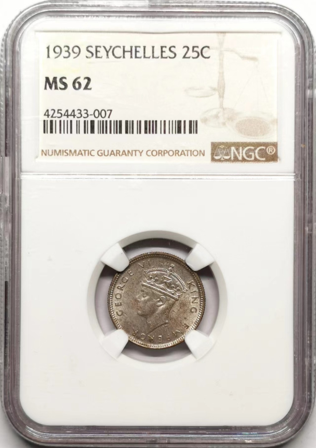 凡希社世界钱币微拍第二百三十五期 1939英属塞舌尔25分银辅币NGC-MS62