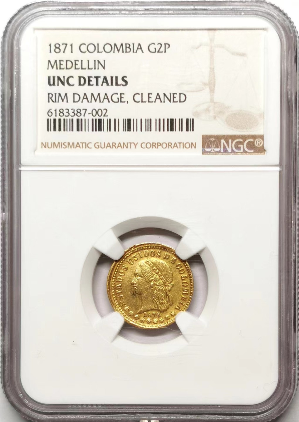 凡希社世界钱币微拍第二百三十五期 1871哥伦比亚2P金币NGC-UNCD