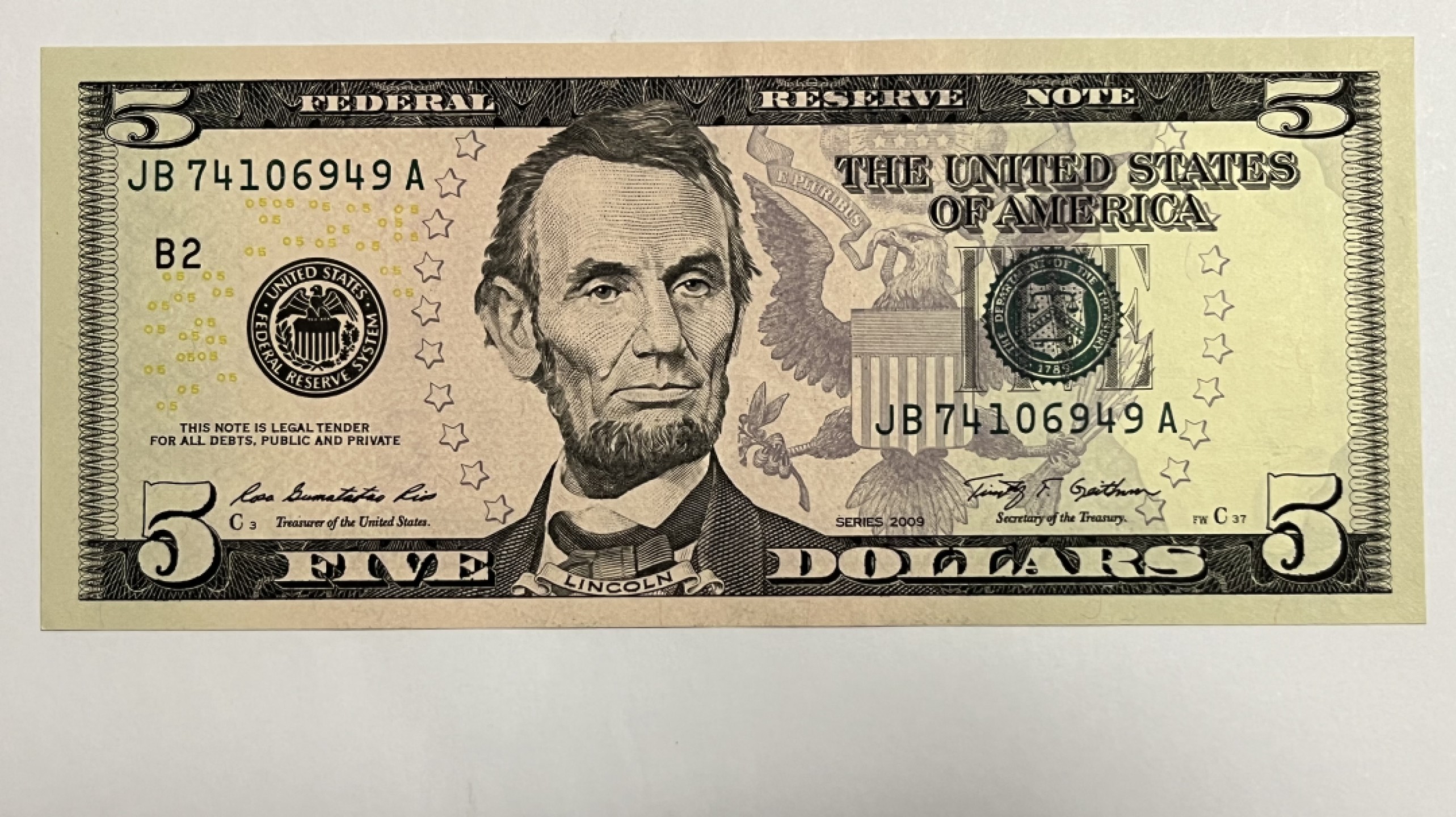 Chase Auction 第21期 - - 外钞、民国钞和人民币混合场！ 2009版 彩色5美元（Fort Worth印钞厂印制 fw）
