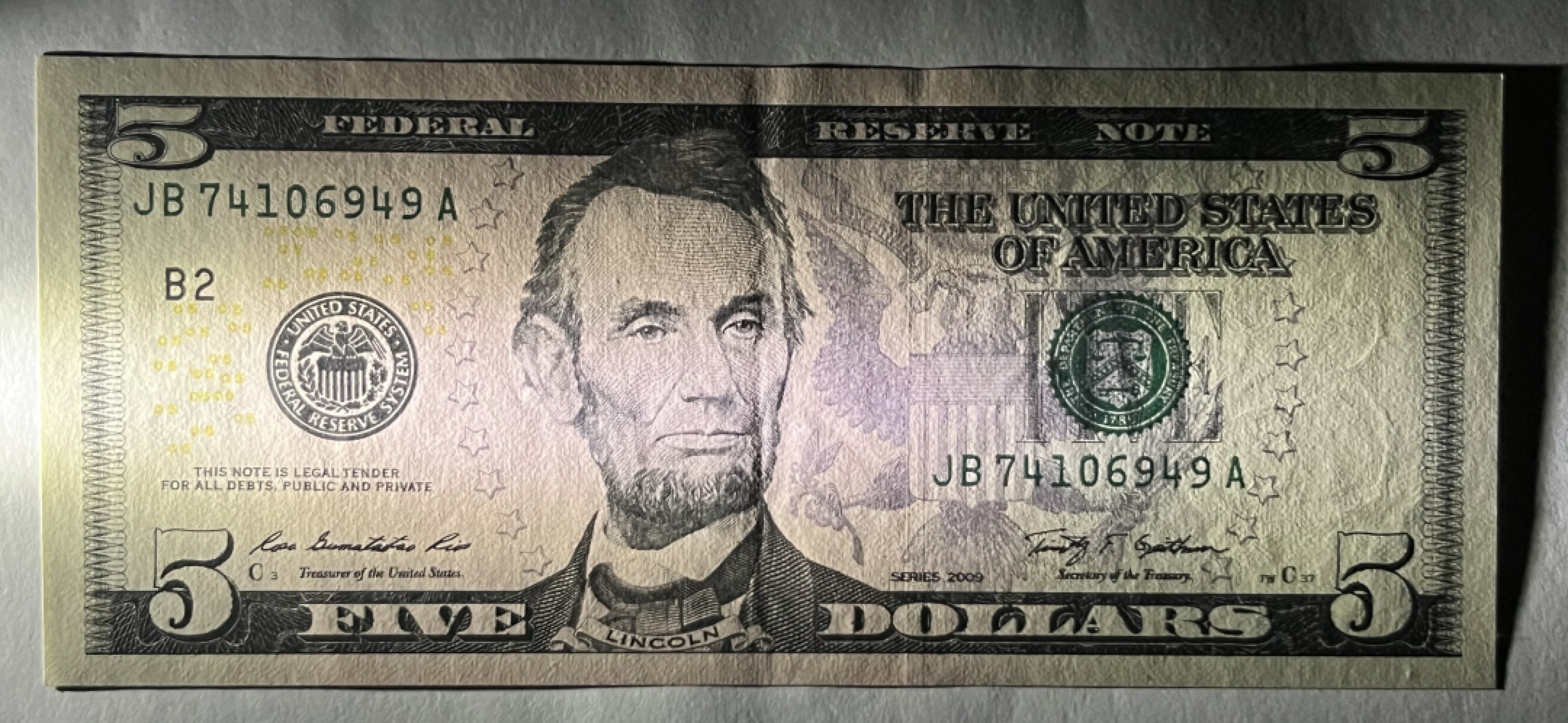 Chase Auction 第21期 - - 外钞、民国钞和人民币混合场！ 2009版 彩色5美元（Fort Worth印钞厂印制 fw）