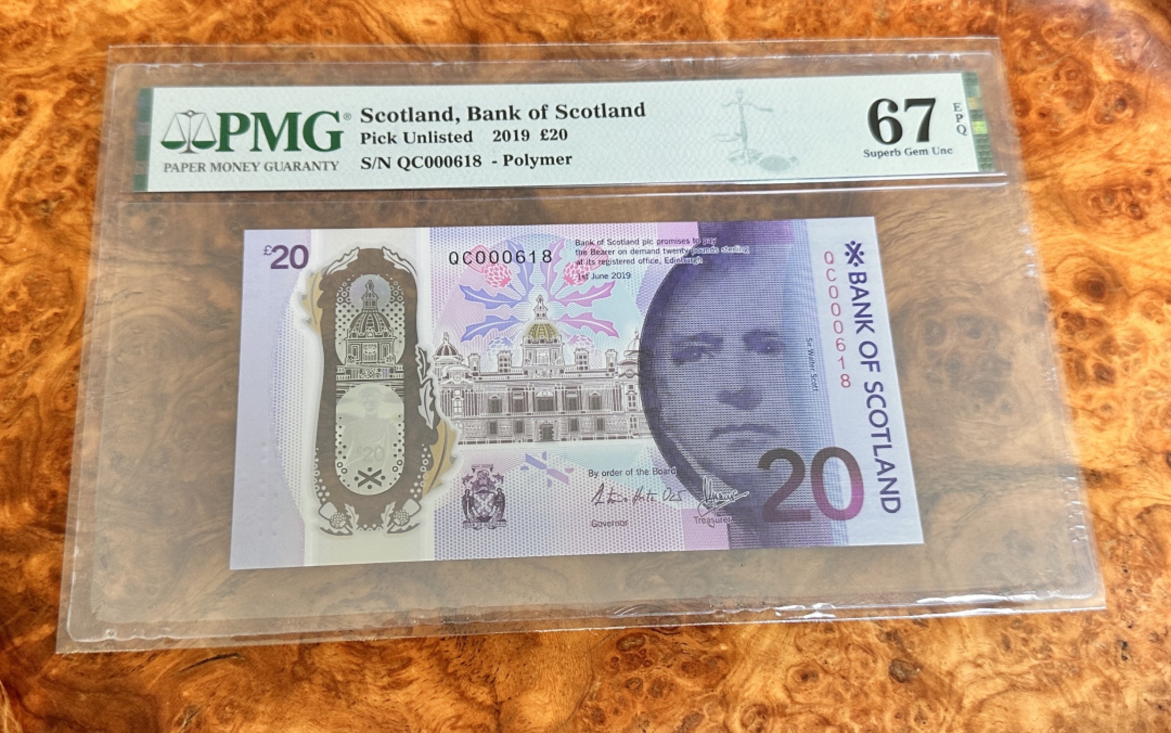 Chase Auction 第21期 - - 外钞、民国钞和人民币混合场！ 2019年苏格兰20镑，PMG67，百位号，尾8！