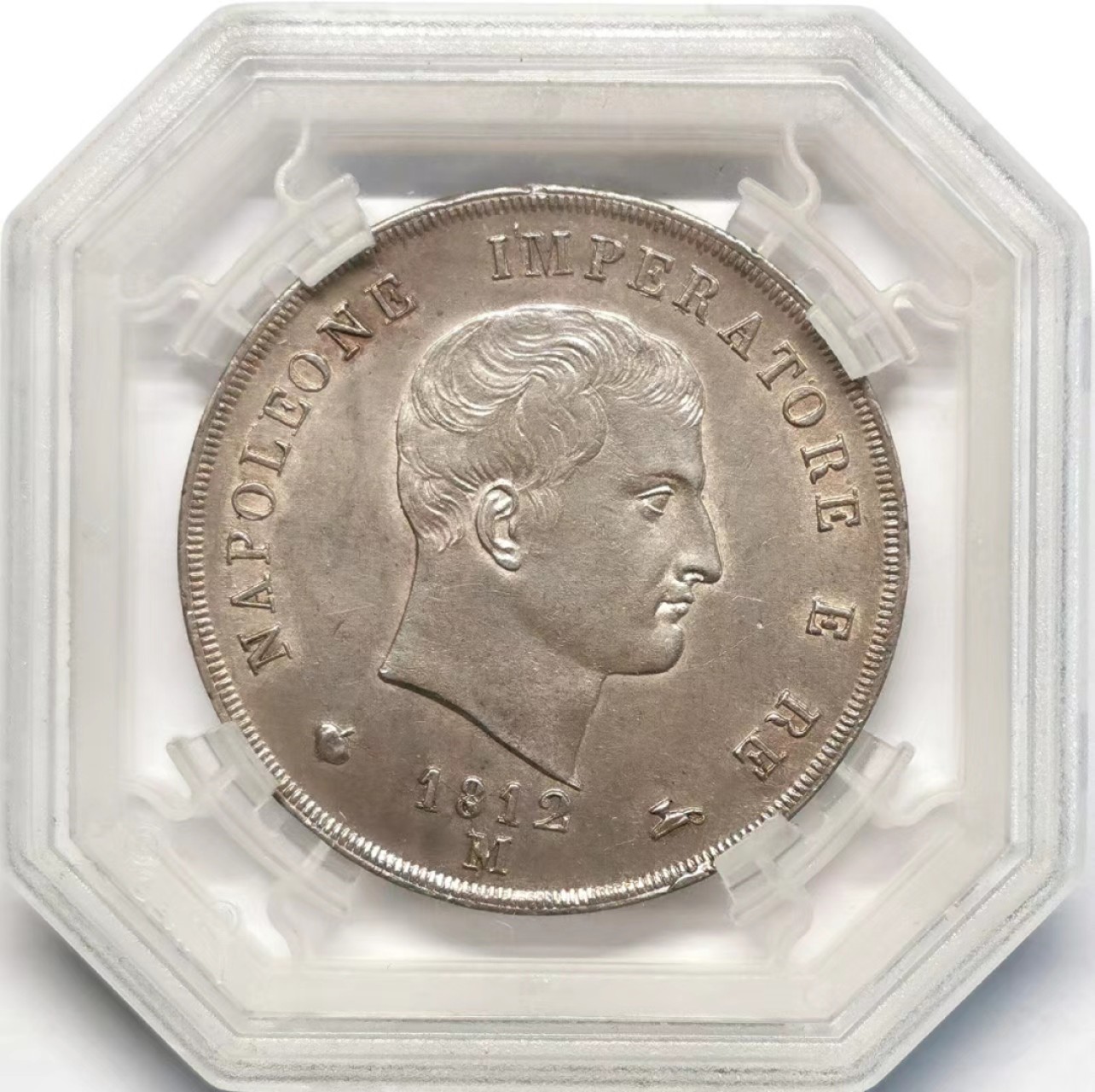 凡希社世界钱币微拍第二百三十五期 荐！1812M意大利王国5里拉大银GENI-AU58淡彩粉光收藏级！