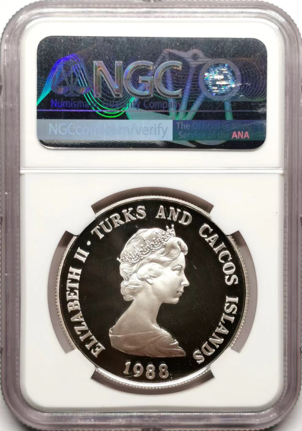凡希社世界钱币微拍第二百三十五期 1988特克斯群岛蜥蜴克朗精铸大银NGC-PF69UC