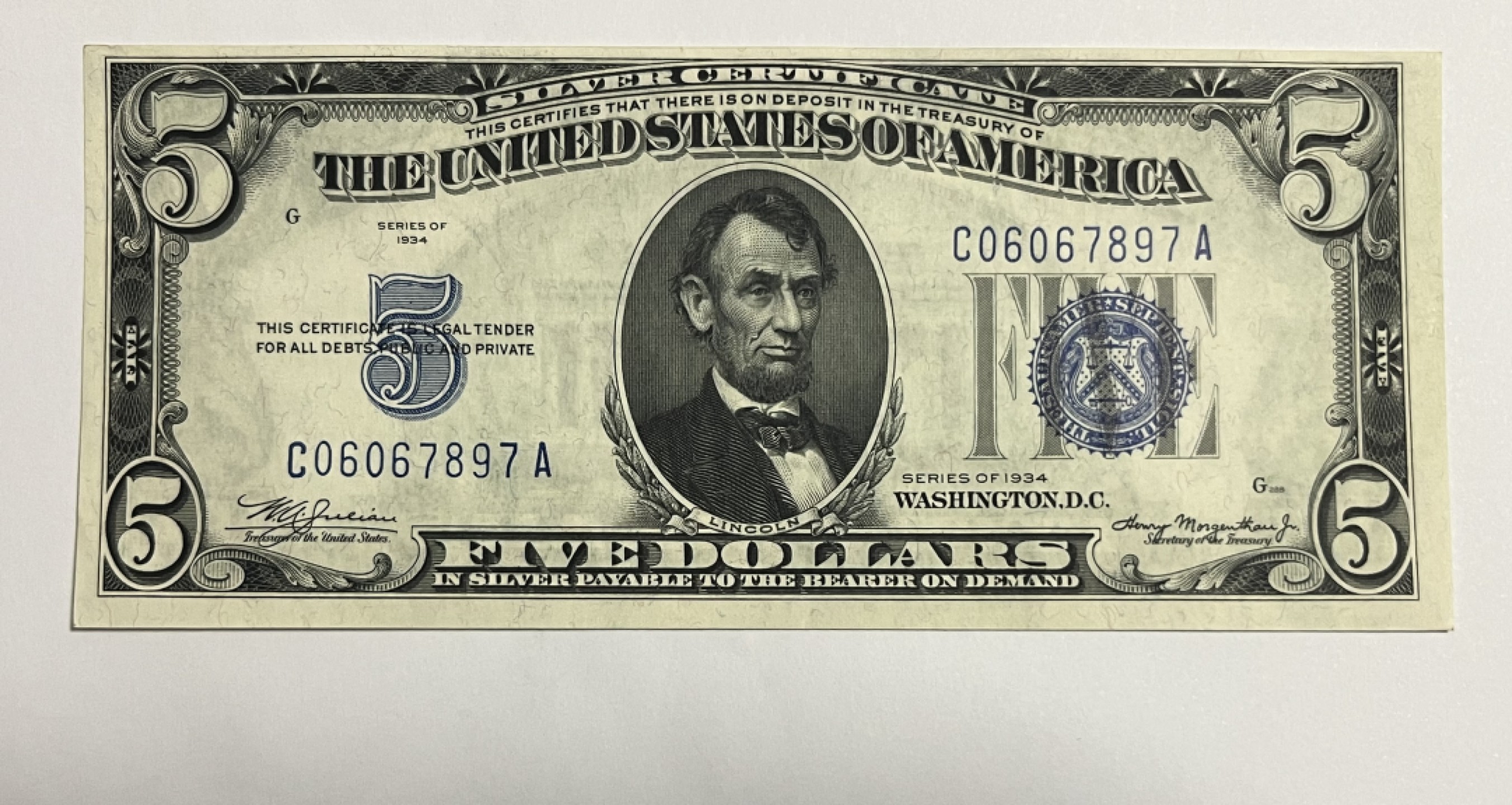 Chase Auction 第21期 - - 外钞、民国钞和人民币混合场！ 1934正版 5美元 银币券 C区首发A冠 号码无4
