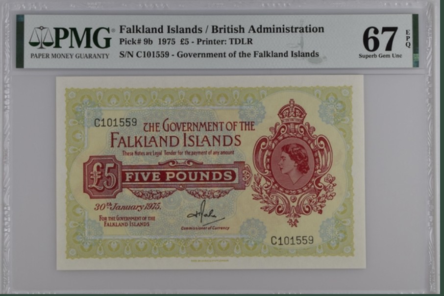 收藏联盟Quantum Auction 第249期拍卖  福克兰群岛1975年5镑 PMG67