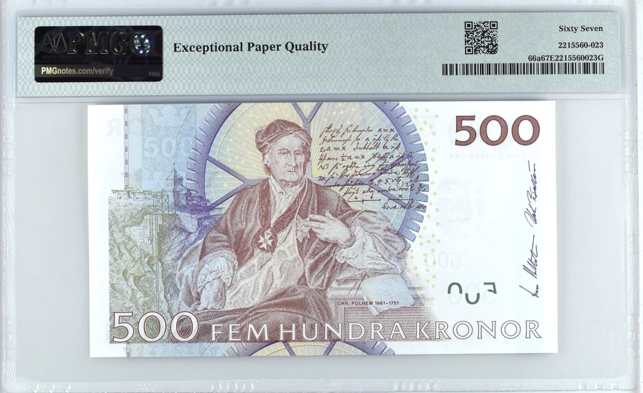 《张总收藏》98期——外币强钞100拍 瑞典500克朗 PMG67E 2001年A版 红卡尔 更高分仅2张 无4