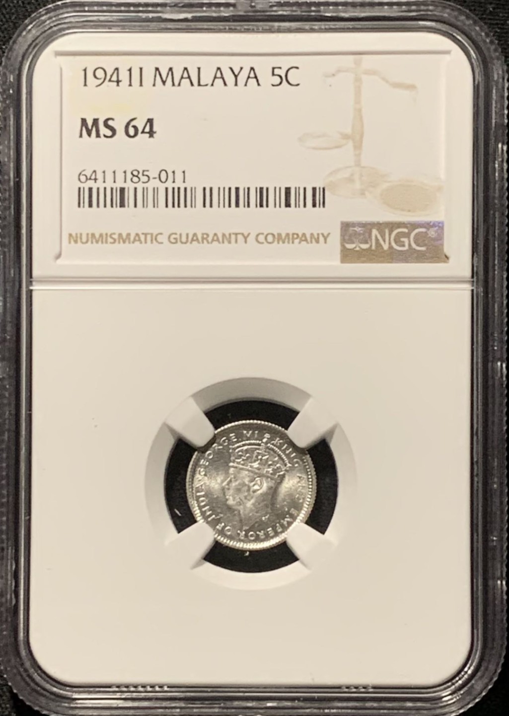 紫瑗钱币——第262期拍卖 马来亚 1941年 i版 乔治六世 5分 银币 NGC MS64