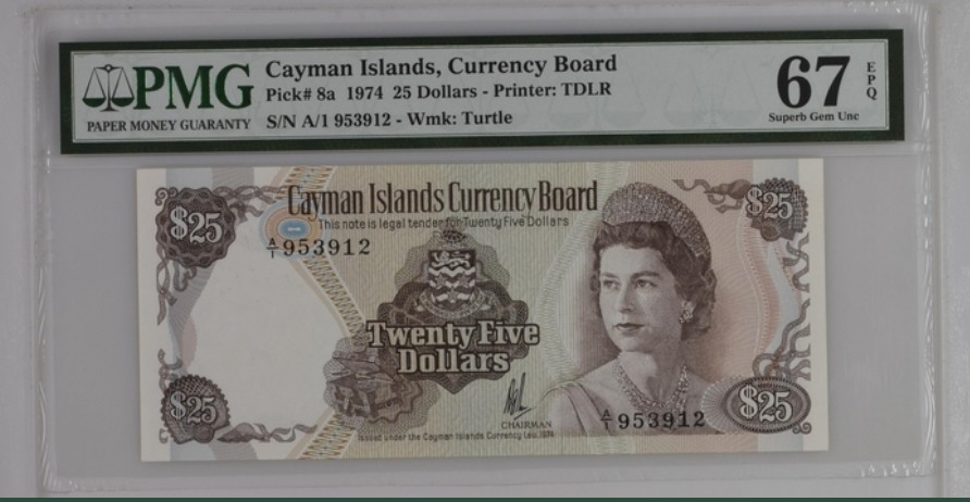 收藏联盟Quantum Auction 第249期拍卖  开曼群岛1974年25元 PMG67 首发A/1冠 冠军分