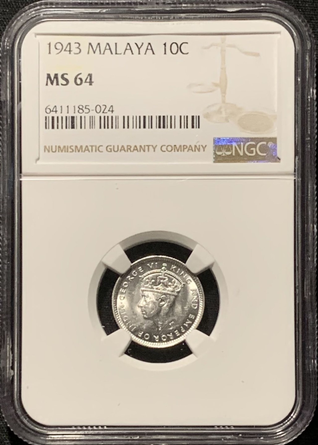 紫瑗钱币——第262期拍卖 马来亚 1943年 乔治六世 10分 银币 NGC MS64