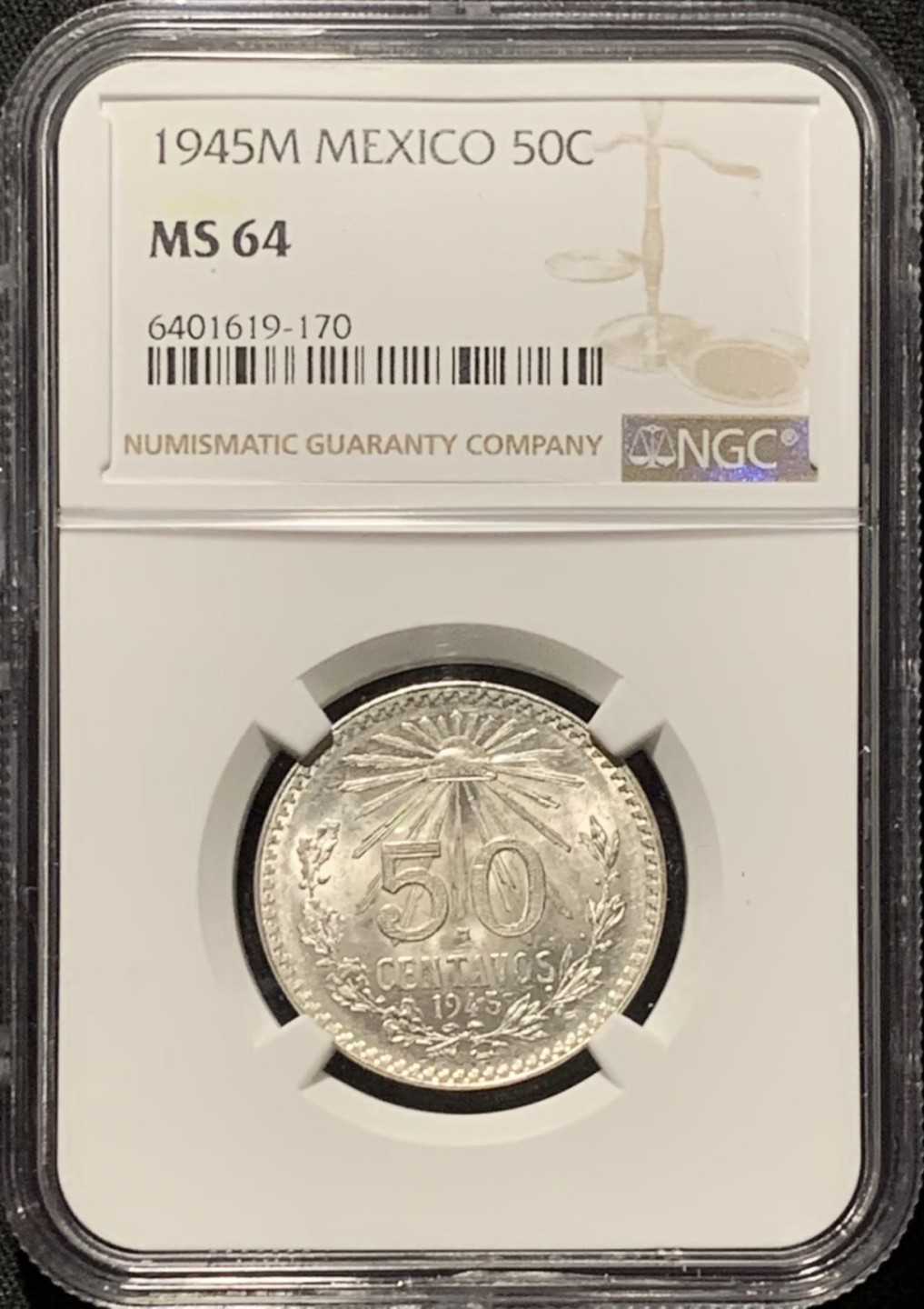 紫瑗钱币——第262期拍卖 墨西哥 1945年 M版 鹰洋 50分 银币 NGC MS64