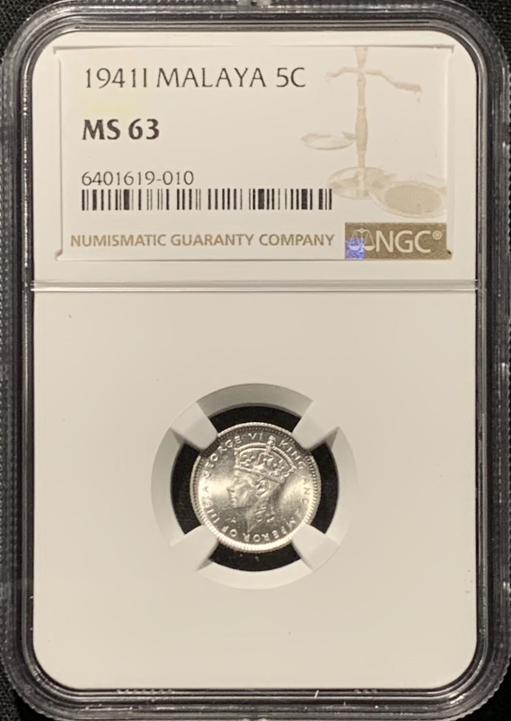 紫瑗钱币——第262期拍卖 马来亚 1941年 i版 乔治六世 5分 银币 NGC MS63