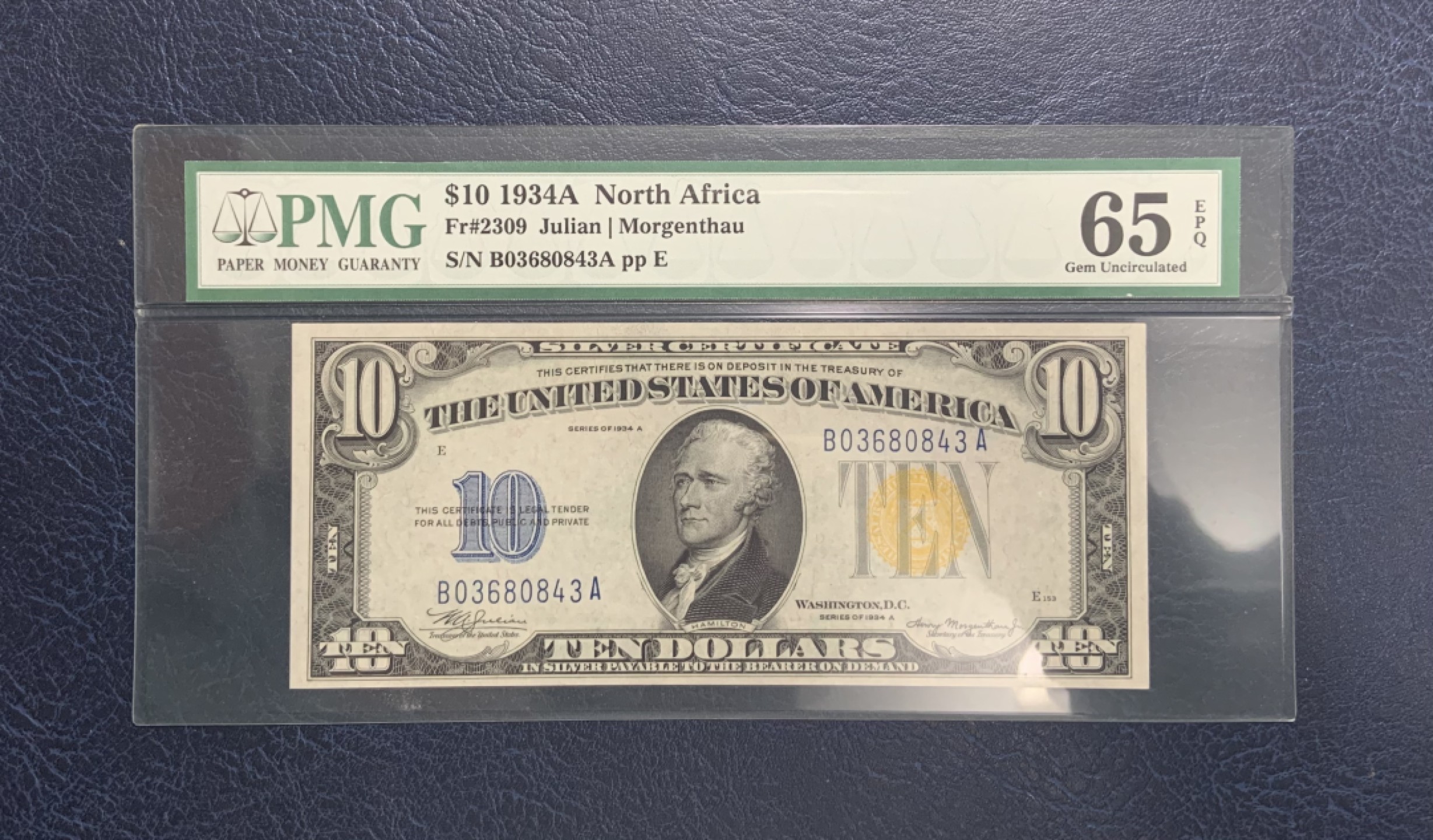 收藏联盟Quantum Auction 第249期拍卖  美国1934年北非券10元 PMG65北非券最大面额