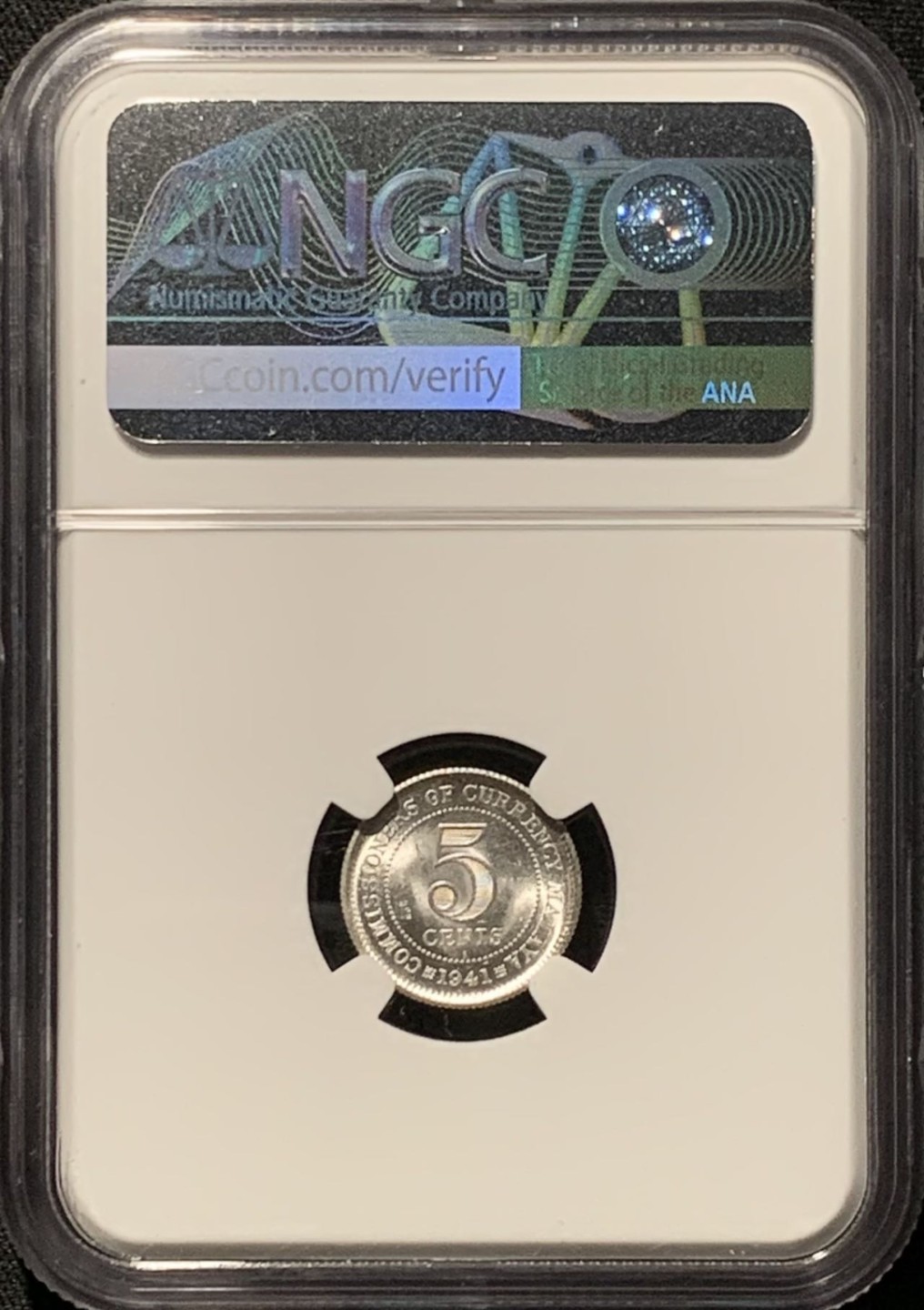 紫瑗钱币——第262期拍卖 马来亚 1941年 i版 乔治六世 5分 银币 NGC MS63