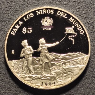 0起1加-纯粹捡漏拍-182套币银币场 - 【少见】墨西哥1999年5元联合国儿童基金会UNICEF精制纪念银币-量4010