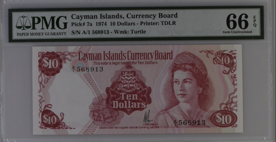 收藏联盟Quantum Auction 第249期拍卖  开曼群岛1974年10元 PMG66 首发A/1冠 稀少面值