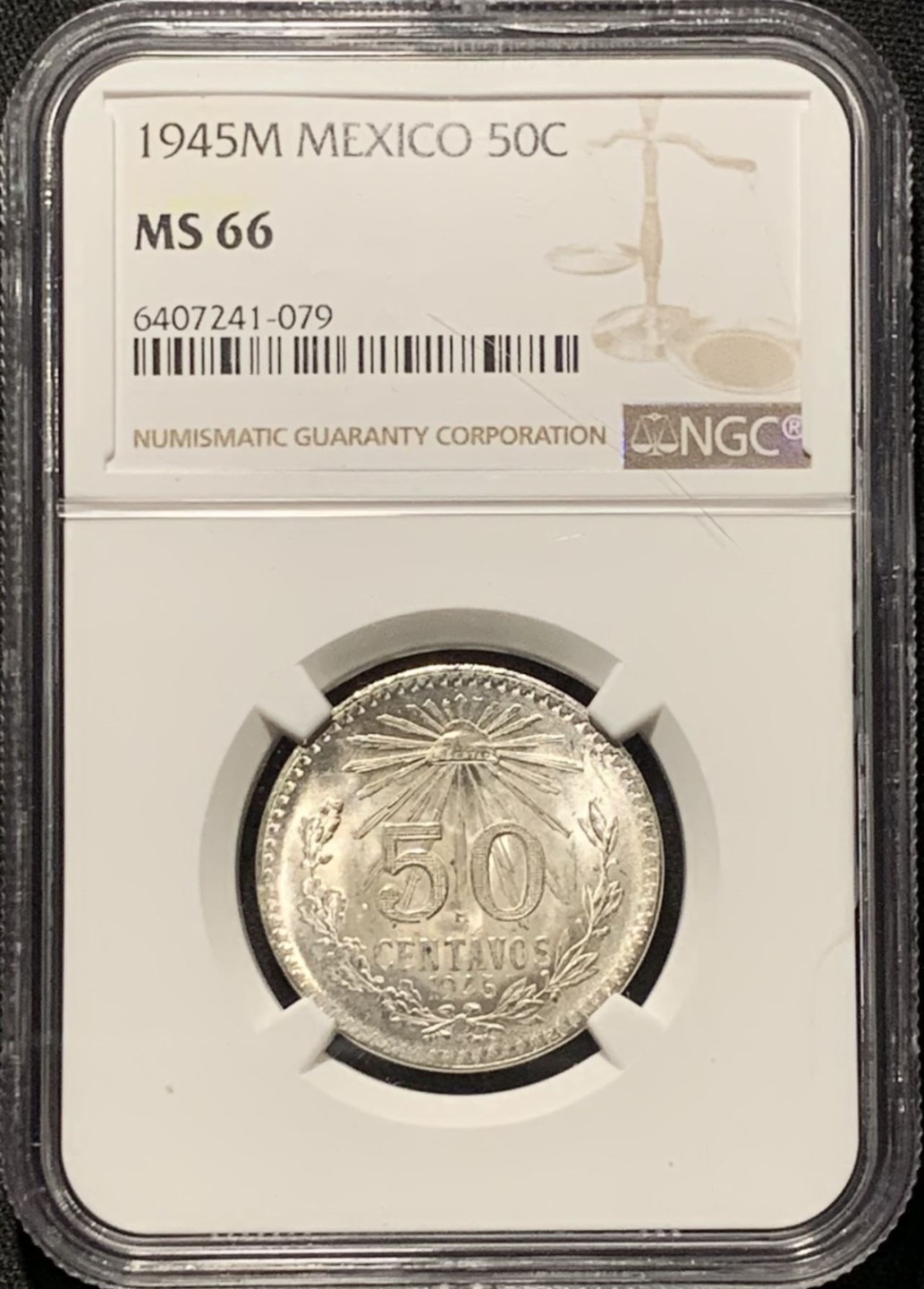 紫瑗钱币——第262期拍卖 墨西哥 1945年 M版 鹰洋 50分 银币 NGC MS66