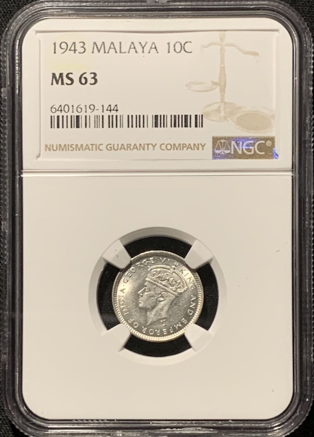 紫瑗钱币——第262期拍卖 马来亚 1943年 乔治六世 10分 银币 NGC MS63
