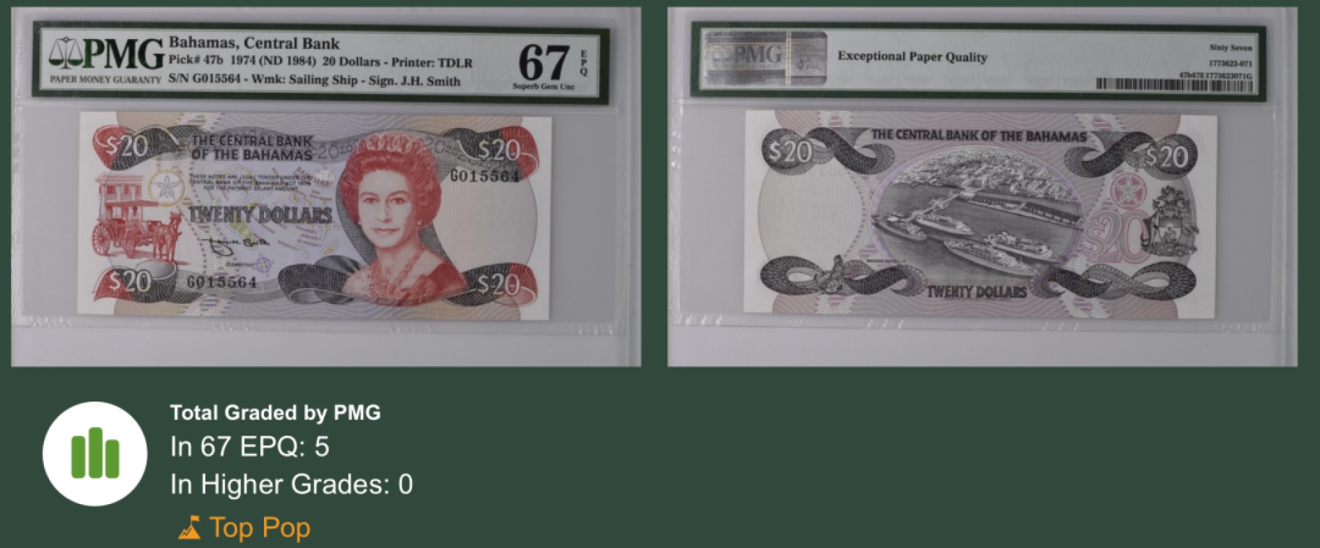 收藏联盟Quantum Auction 第249期拍卖  巴哈马1984年20元 PMG67 冠军分
